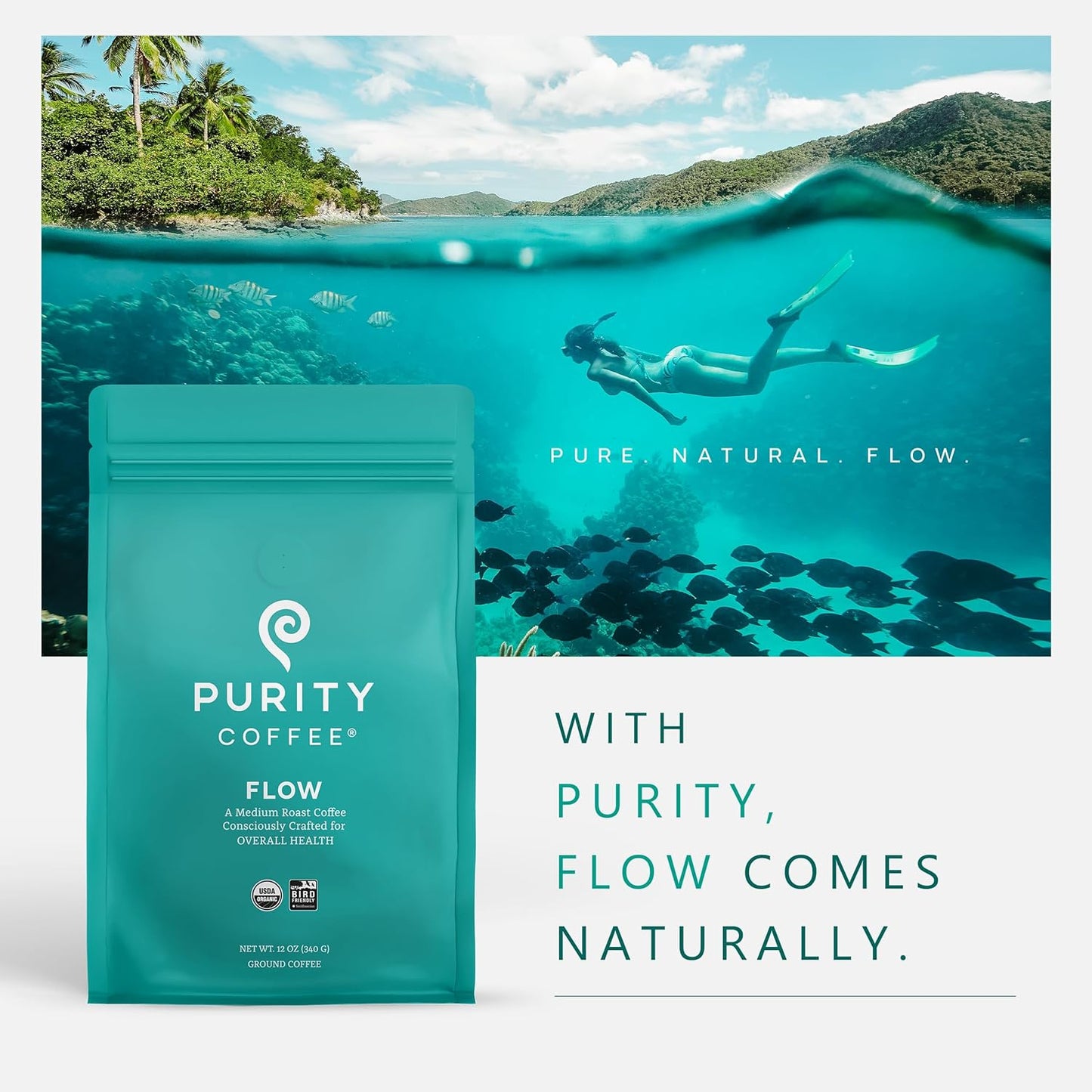 PURITY COFFEE FLOW Original Medium Roast Ground (340g Bag) | Specialty-Grade USDA Organic Arabica Blend | Third Party Tested for Mold, Mycotoxins & Pesticides