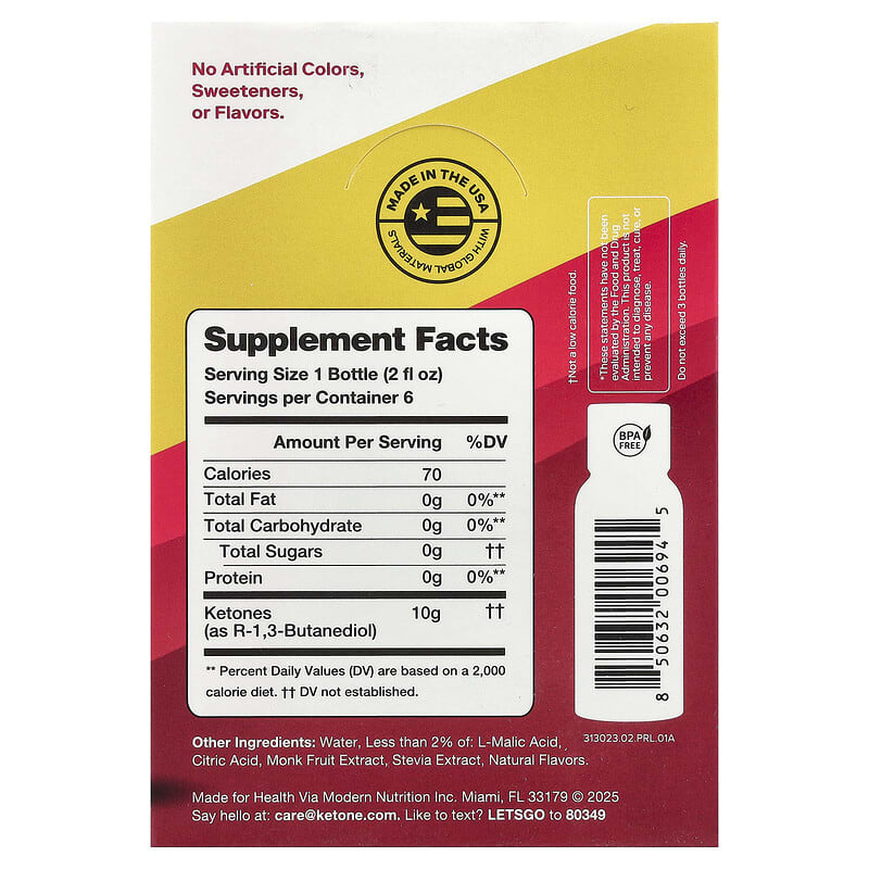 Ketone-IQ Caffeine-Free Shot, Raspberry Lemonade, 6 Bottles, 2 fl oz (59 ml) Each