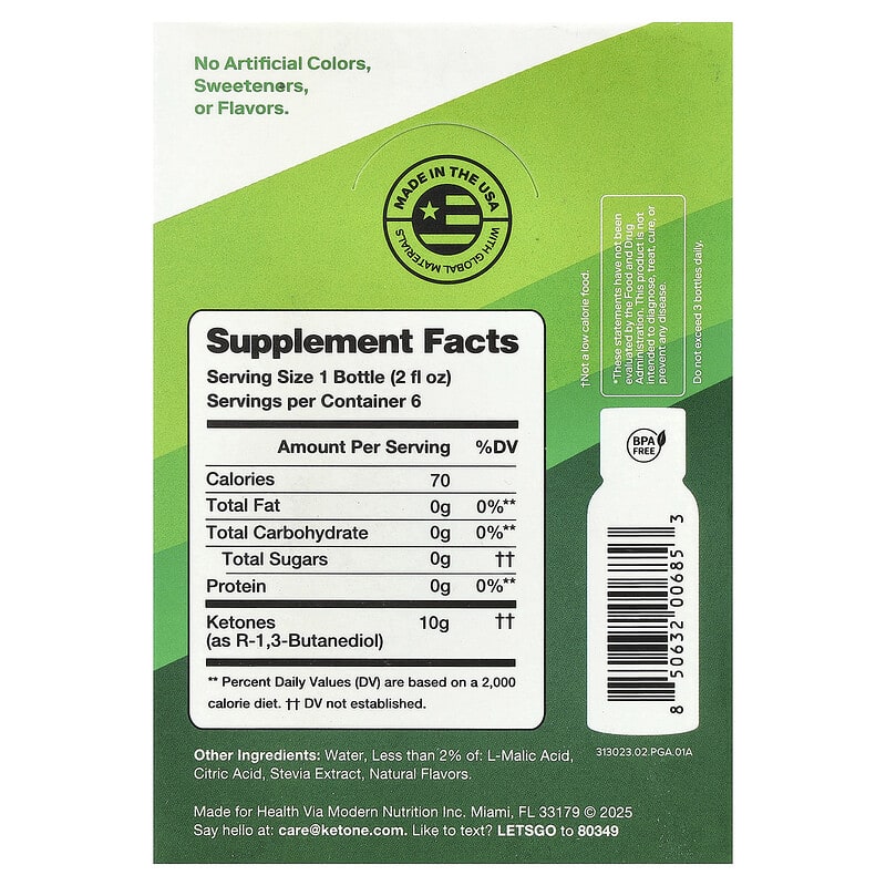 Ketone-IQ Caffeine-Free Shot, Green Apple 6 Bottles, 2 fl oz (59 ml) Each