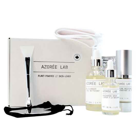Azorée Lab Plant-Powered Skincare Gift Set, Complete Glow Collection with Gel Cleanser, Niacinamide Serum, Moisturizer, Metal Gua Sha, Mask Brush, Headband, Eye Patch