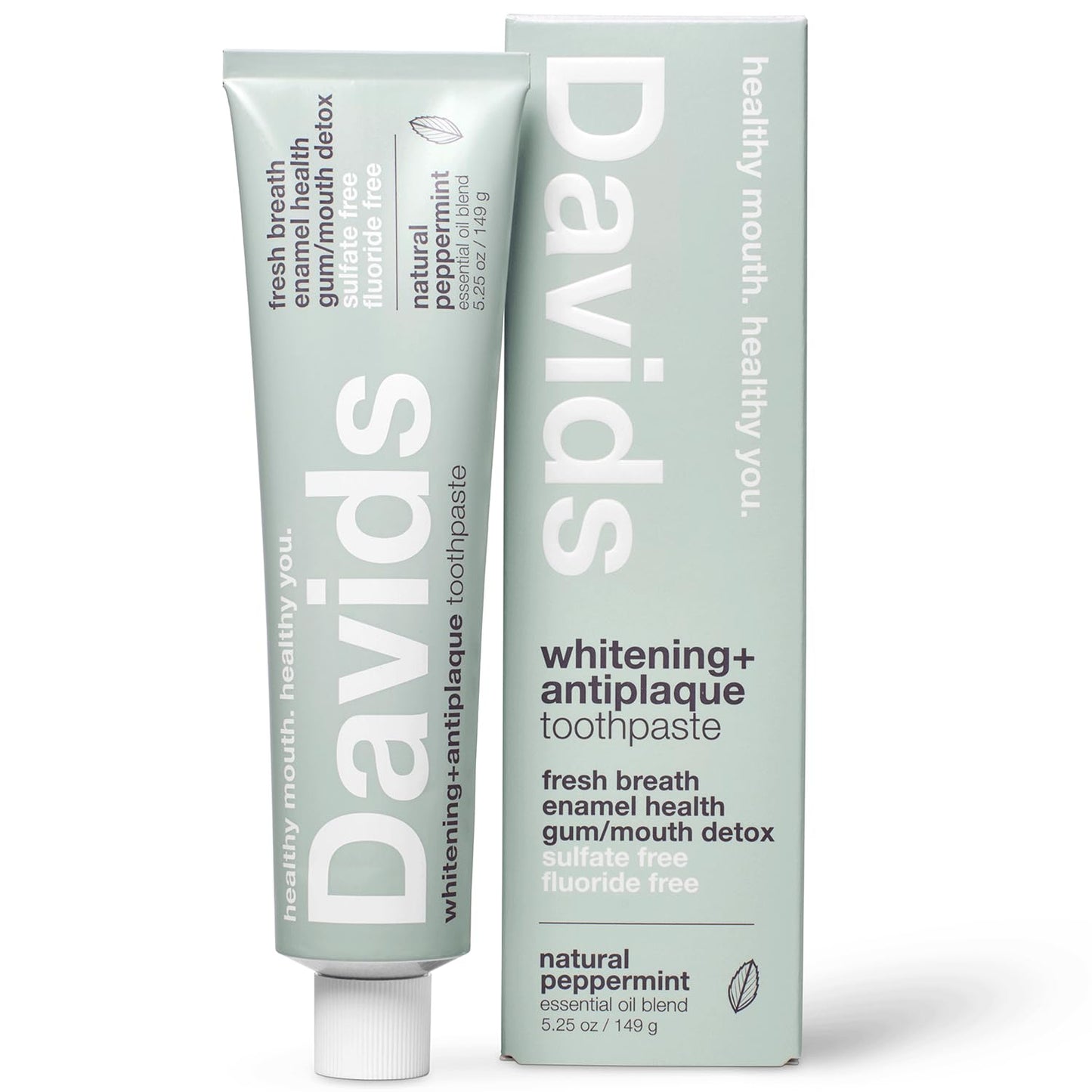 David's Natural Whitening Toothpaste with Peppermint Oil – Fluoride-Free, SLS-Free, Antiplaque, Fresh Breath, 5.25 OZ with Tube Roller