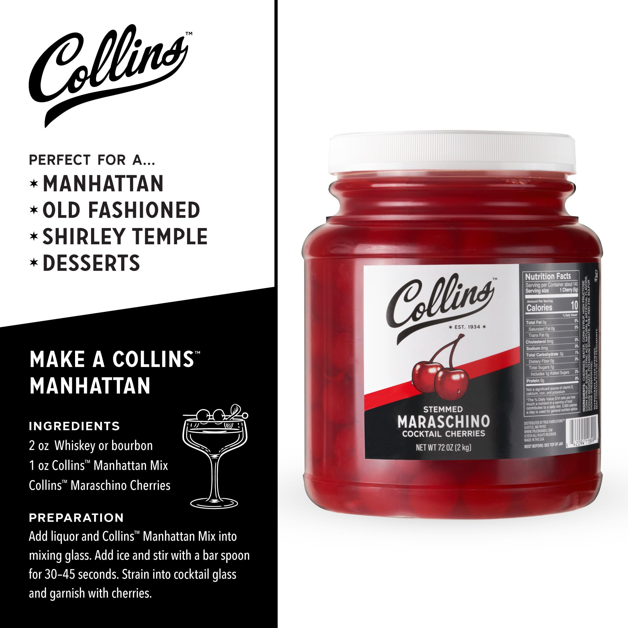 Collins Stemmed Maraschino Cocktail Cherries – 72 oz