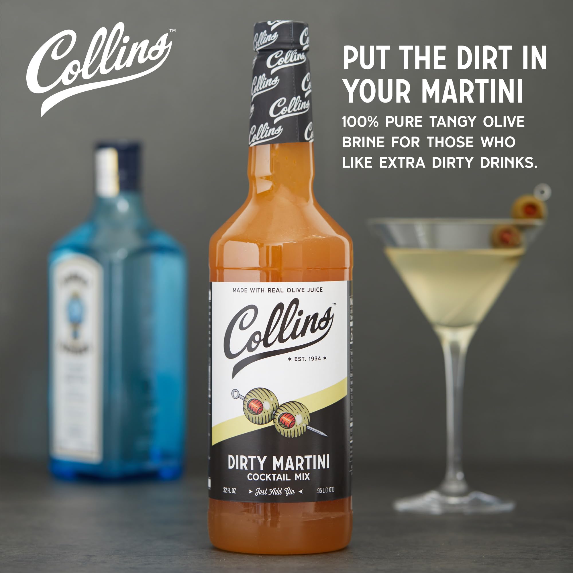 Collins Dirty Martini Mix | Made with Real Olive Brine | 32 fl oz