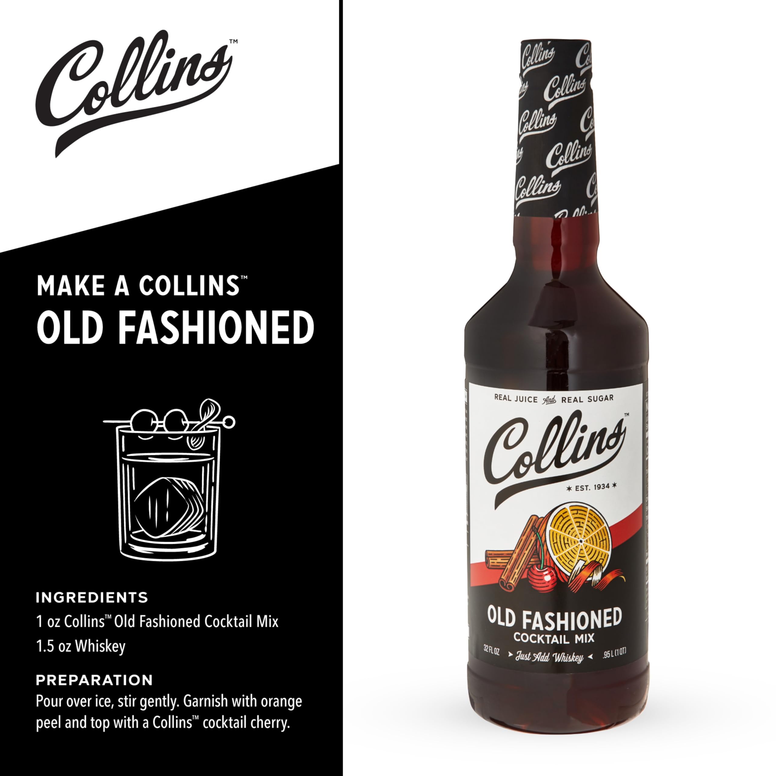 Collins Old Fashioned Kit — Complete Cocktail Set with Mix, Cherries, Orange Garnish & Pick