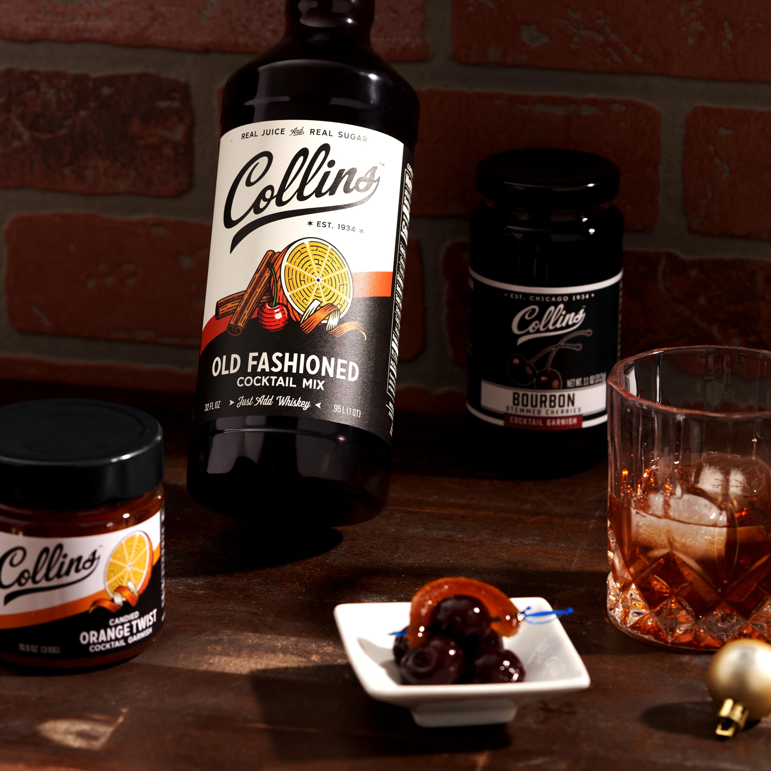 Collins Old Fashioned Kit — Complete Cocktail Set with Mix, Cherries, Orange Garnish & Pick