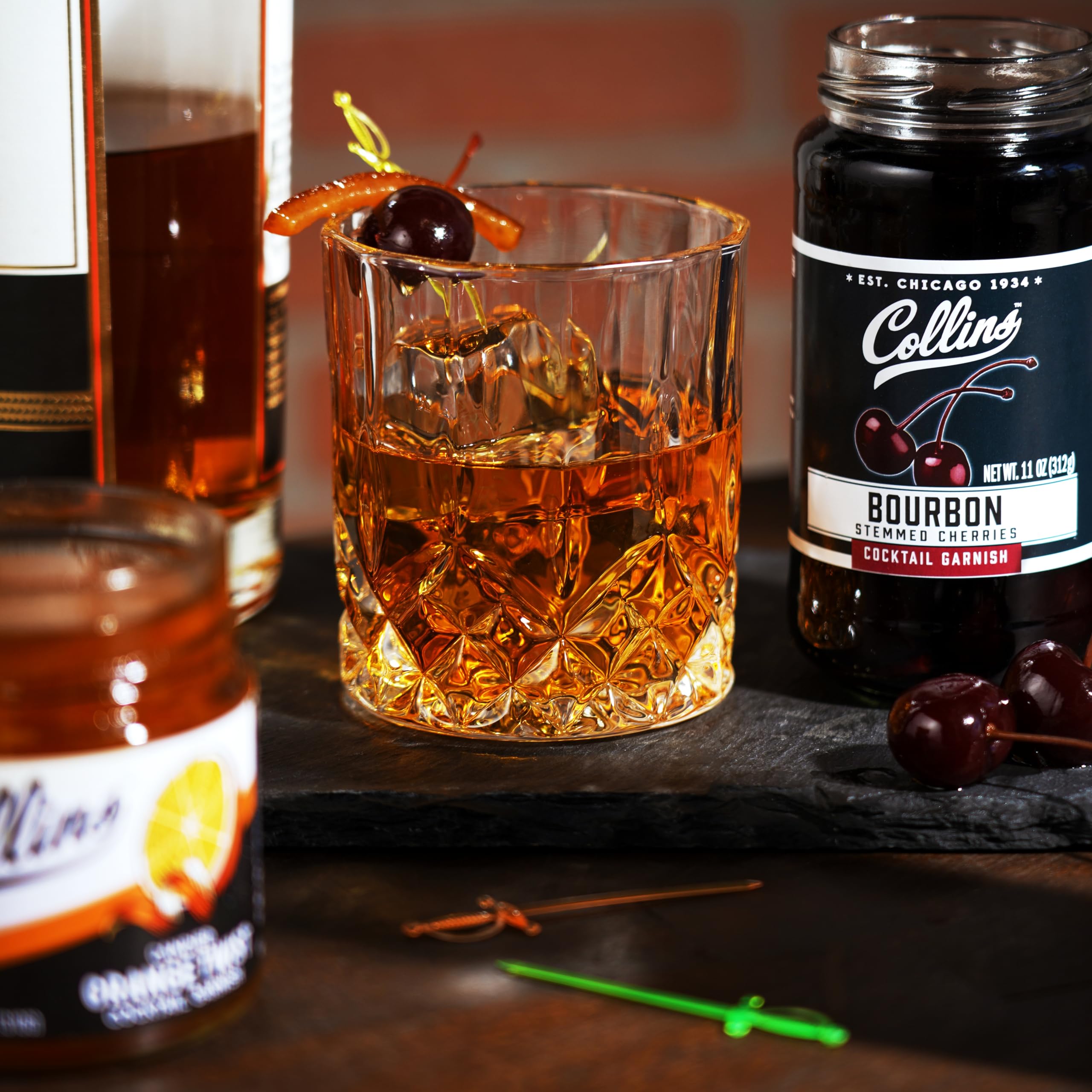Collins Old Fashioned Kit — Complete Cocktail Set with Mix, Cherries, Orange Garnish & Pick