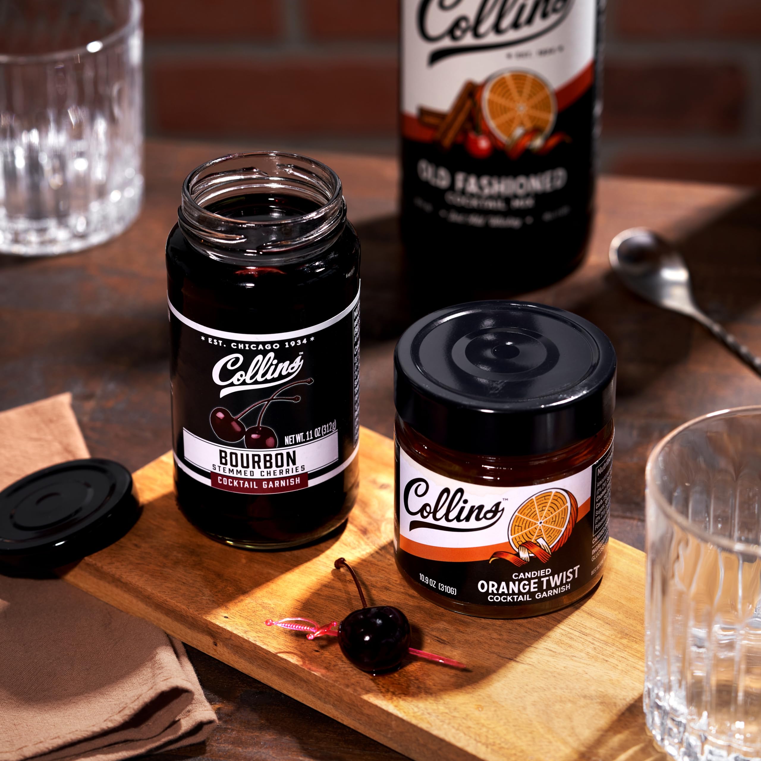 Collins Old Fashioned Kit — Complete Cocktail Set with Mix, Cherries, Orange Garnish & Pick