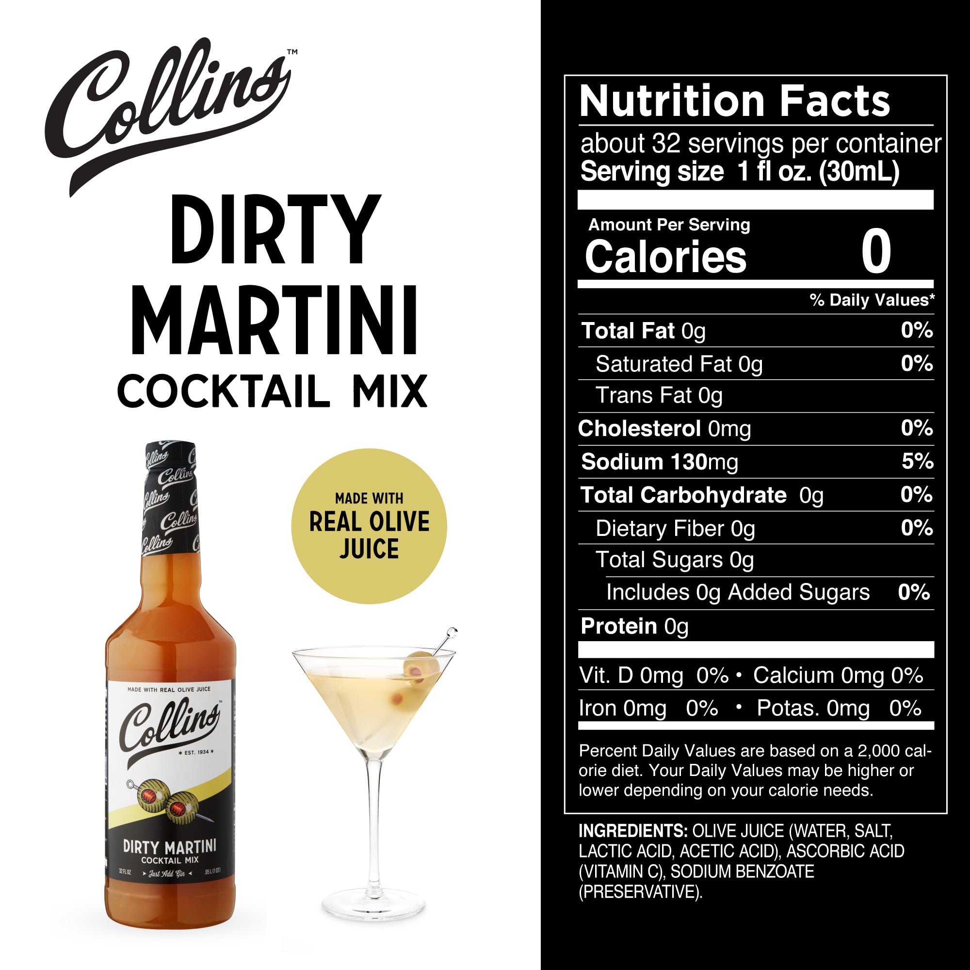 Collins Dirty Martini Mix | Made with Real Olive Brine | 32 fl oz