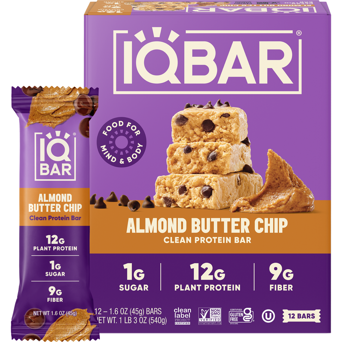 IQBAR Almond Butter Chip Keto Protein Bars – 12 Pack, 1.6 oz Each — official 12-bar box