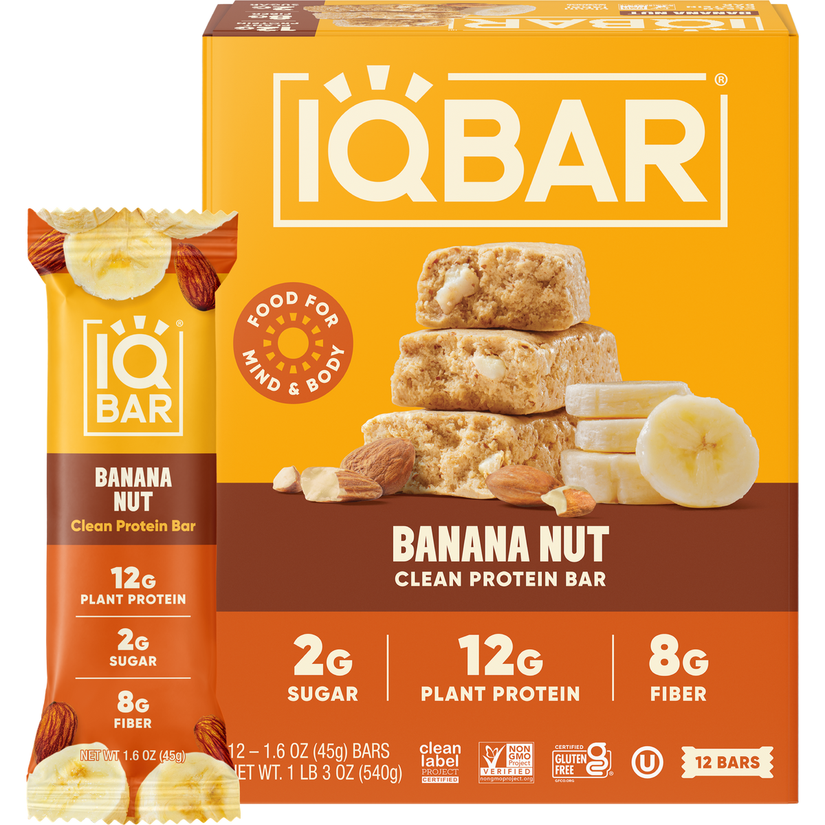 IQBAR Banana Nut Plant Protein Bars – 12 Pack, 1.6 oz Each — official 12-bar box