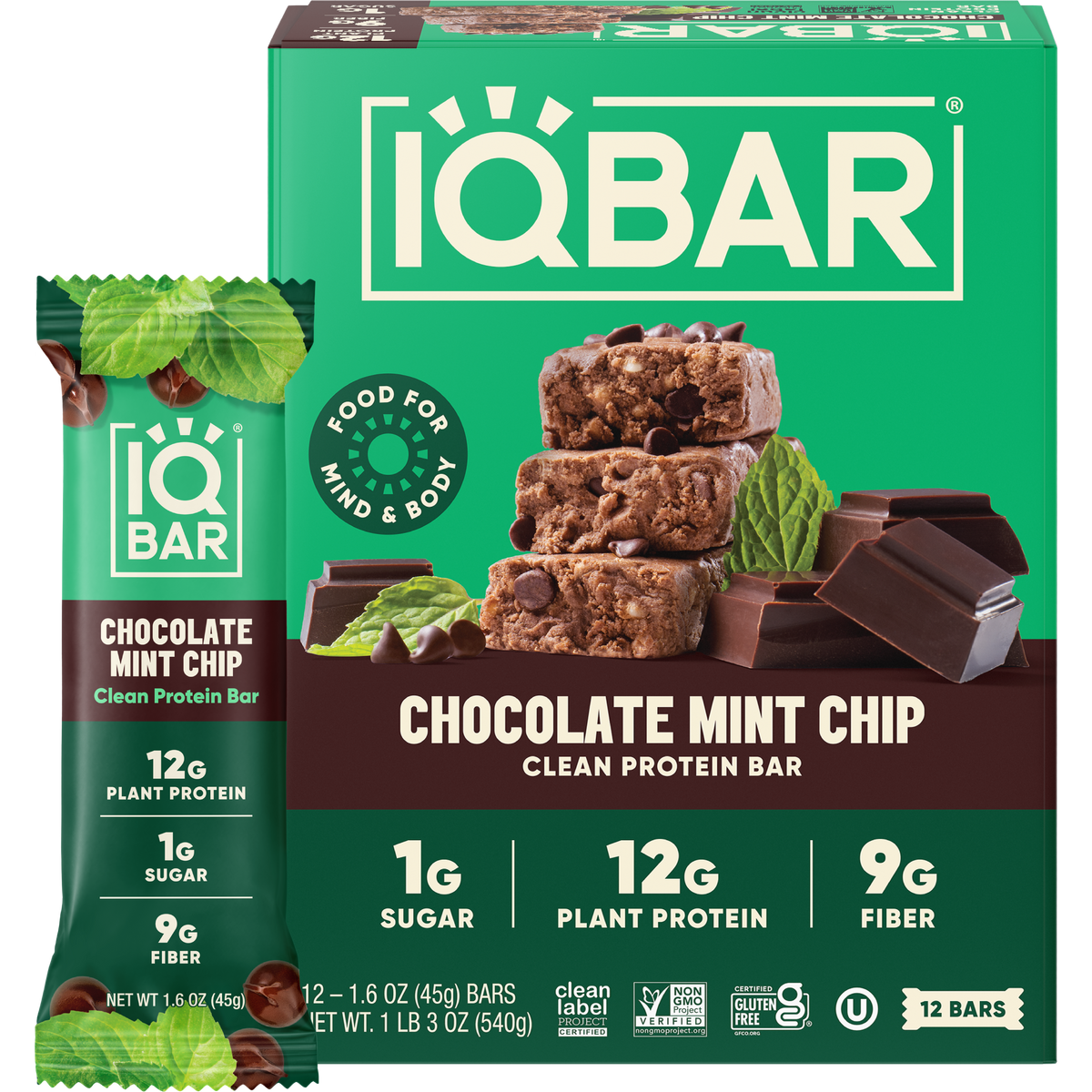 IQBAR Chocolate Mint Chip Plant Protein Bars – 12 Pack, 1.6 oz Each — official 12-bar box