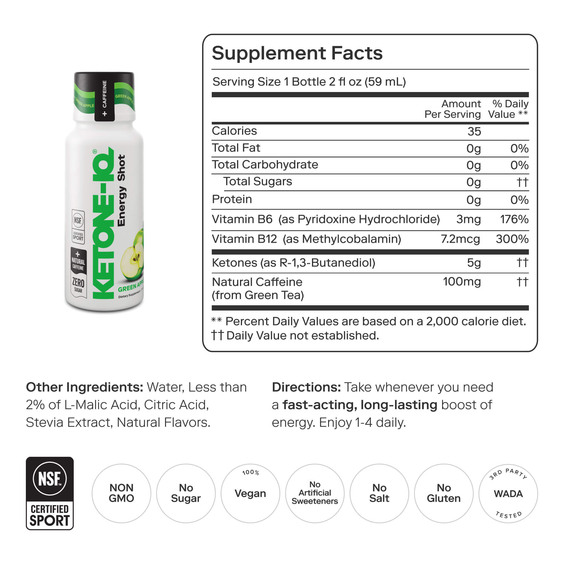 Ketone-IQ Classic Shot Green Apple, 6 Bottles, 2 fl oz (59 ml) Each