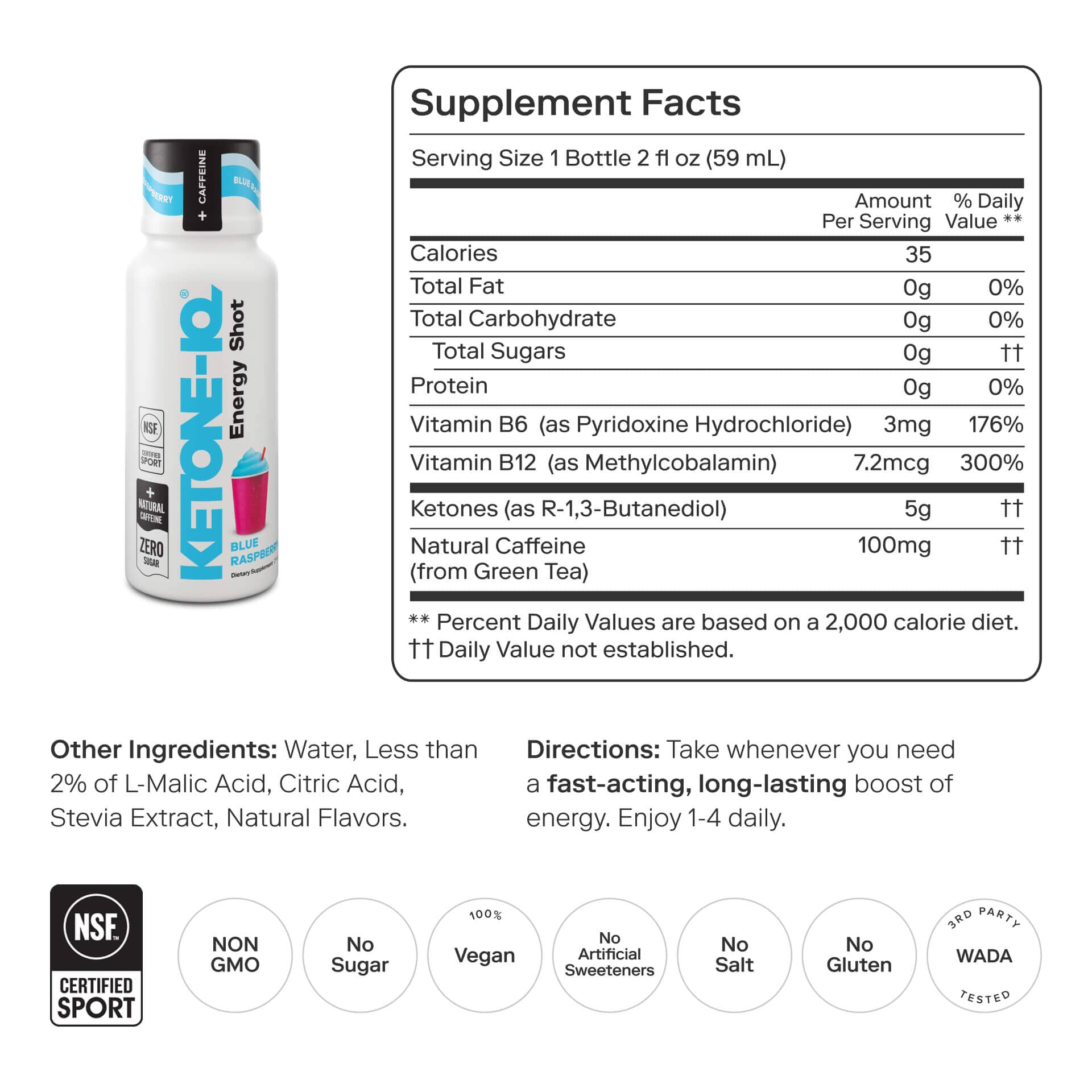 Ketone-IQ +Caffeine Shot, Blue Raspberry, 6 Bottles, 2 fl oz (59 ml) Each