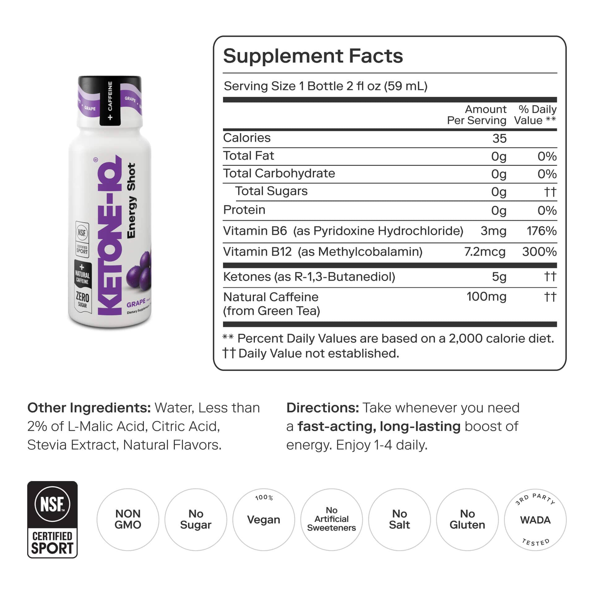 Ketone-IQ +Caffeine Shot,  Grape, 6 Bottles, 2 fl oz (59 ml) Each