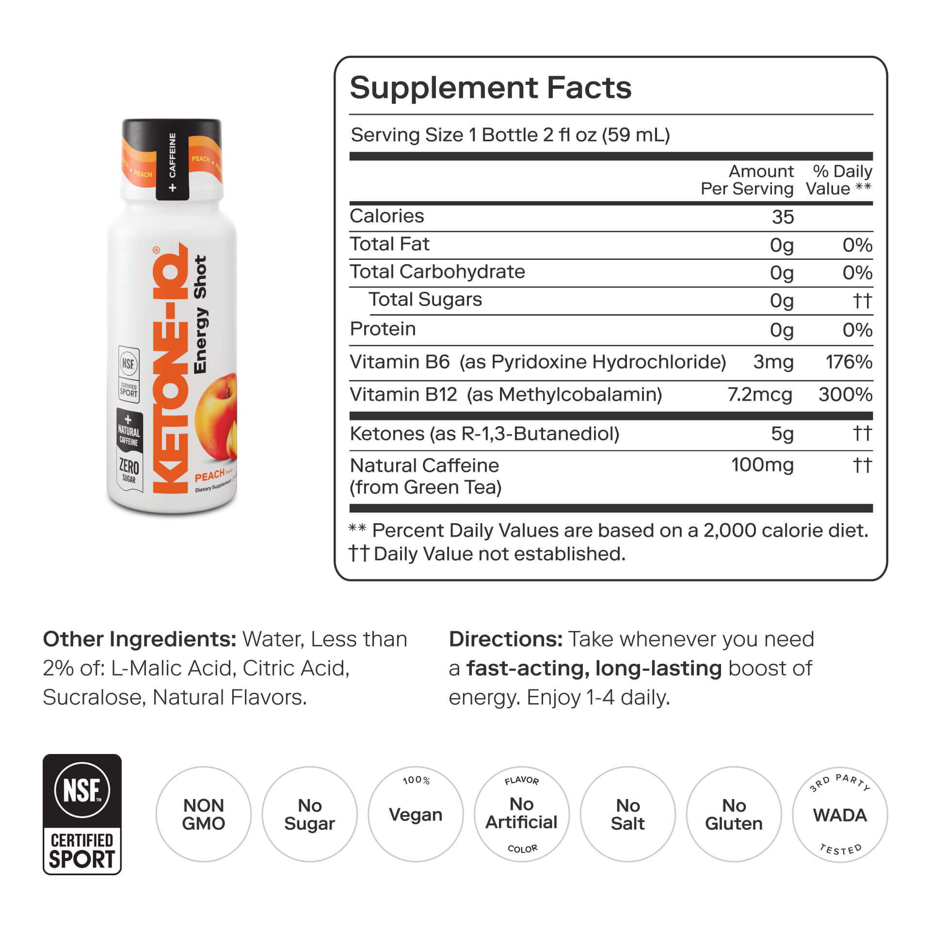 Ketone-IQ, Energy Shot, Peach, 6 Bottles, 2 fl oz (59 ml) Each