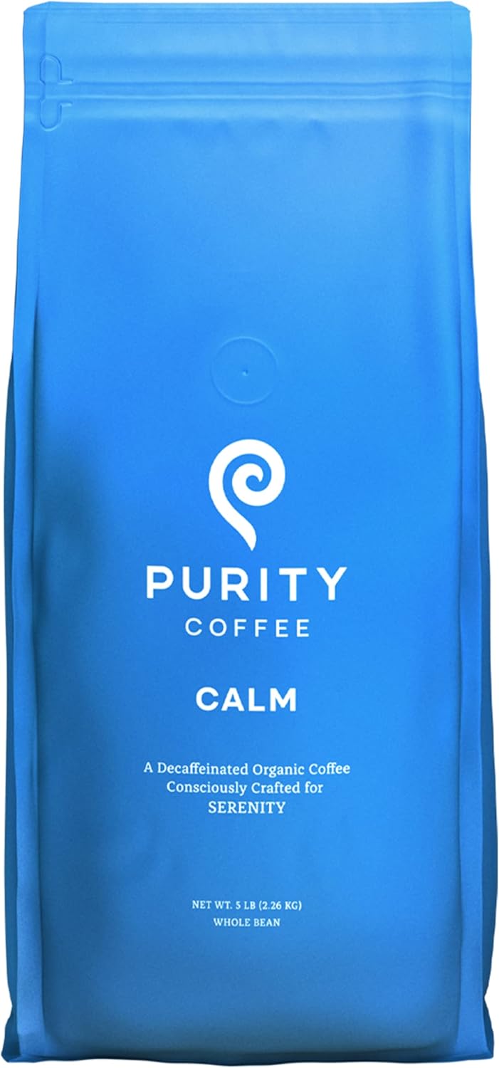 PURITY COFFEE CALM Decaf Medium Roast Whole Bean (2268g Bag) | Specialty-Grade USDA Organic Mountain Water Process Decaffeinated Blend | Third Party Tested for Mold, Mycotoxins & Pesticides