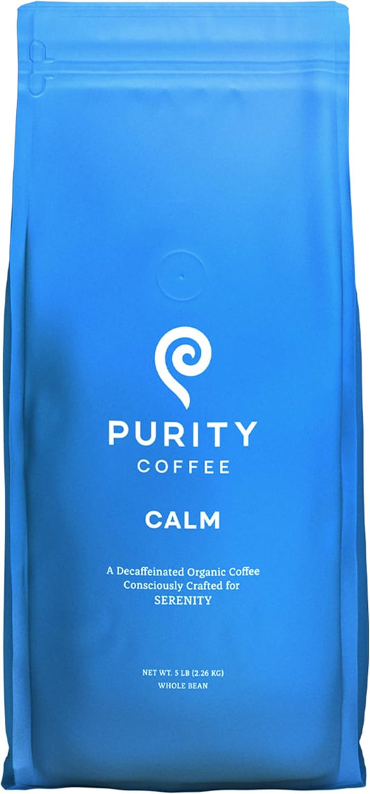 PURITY COFFEE CALM Decaf Medium Roast Whole Bean (2268g Bag) | Specialty-Grade USDA Organic Mountain Water Process Decaffeinated Blend | Third Party Tested for Mold, Mycotoxins & Pesticides