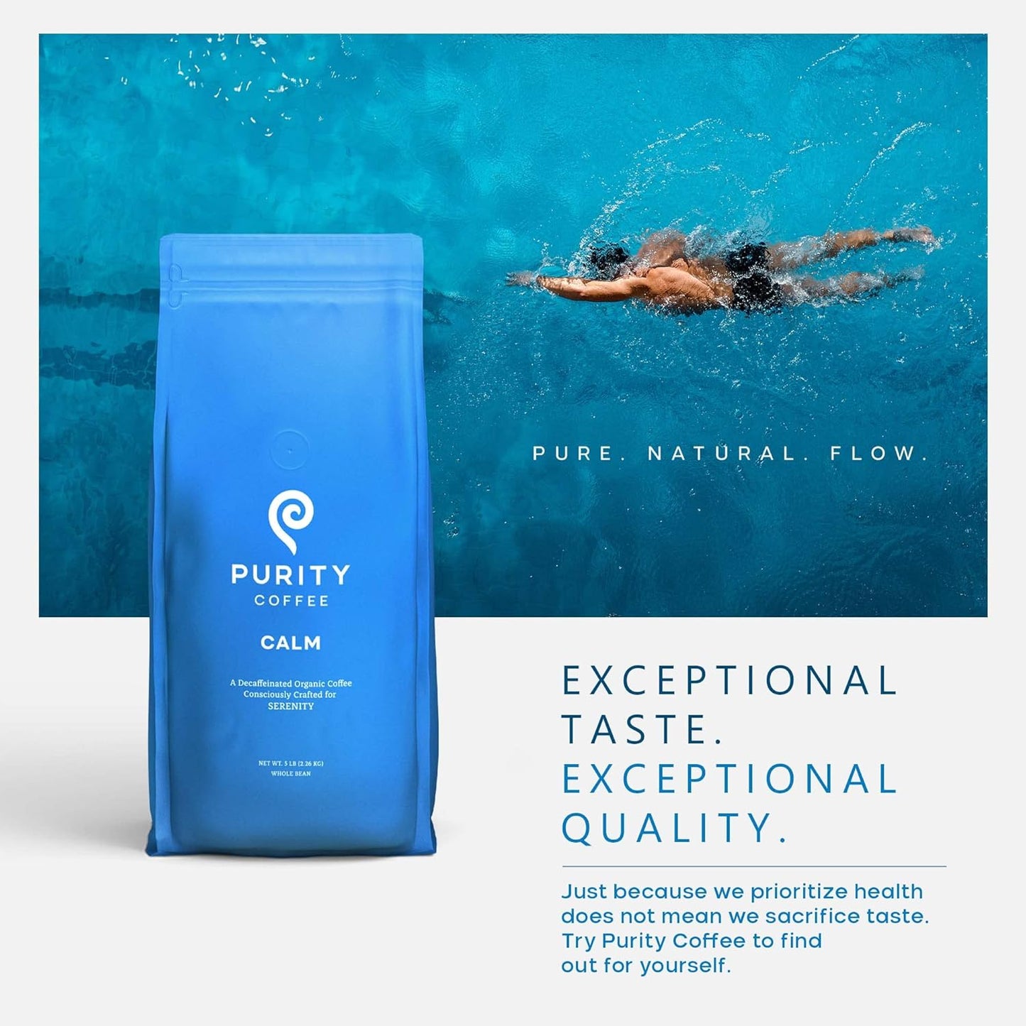 PURITY COFFEE CALM Decaf Medium Roast Whole Bean (2268g Bag) | Specialty-Grade USDA Organic Mountain Water Process Decaffeinated Blend | Third Party Tested for Mold, Mycotoxins & Pesticides