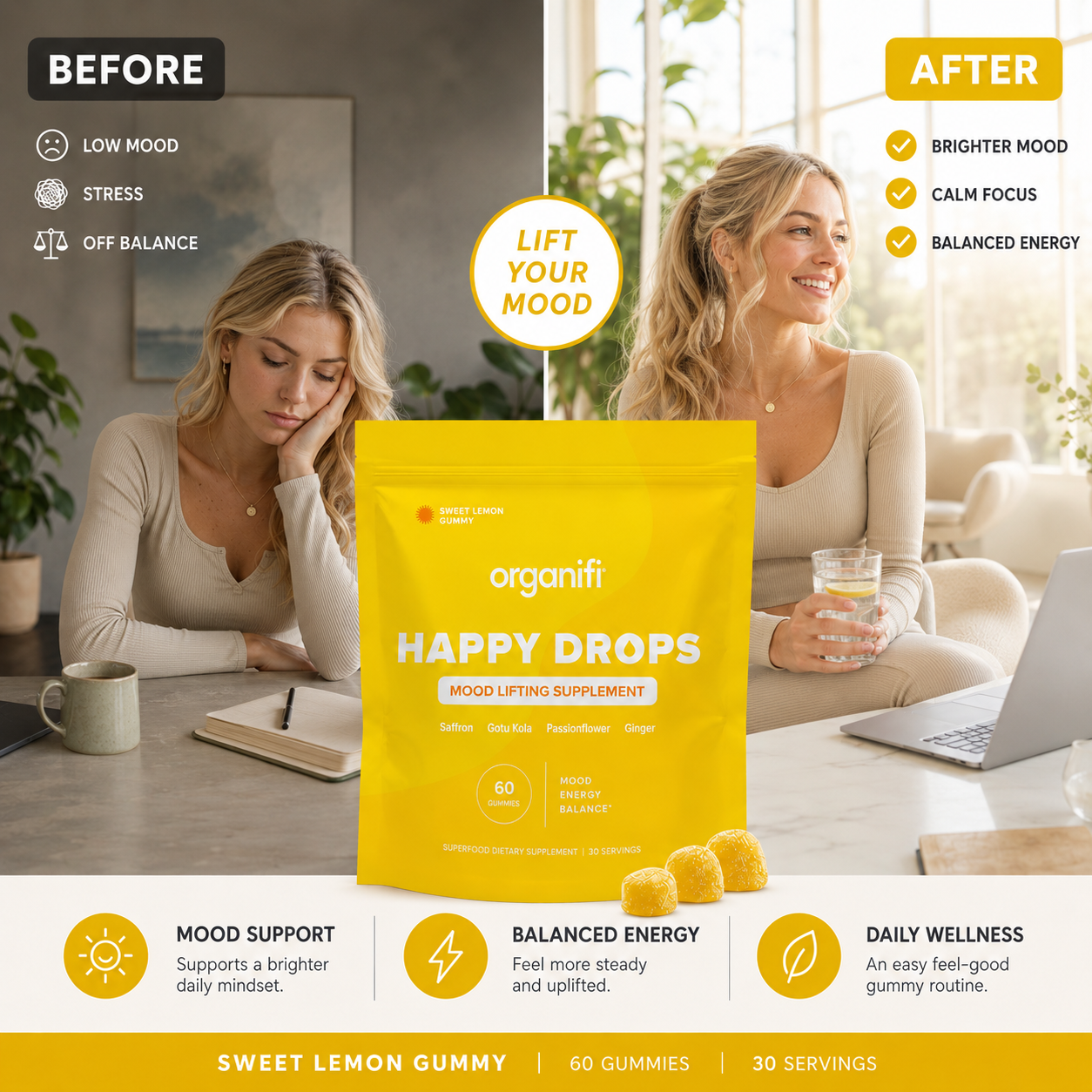 Organifi Happy Drops – Mood & Serotonin Support, Sweet Lemon – 60 Gummies
