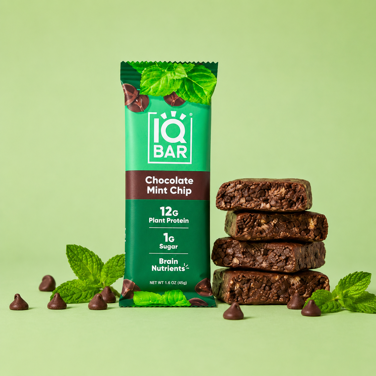 IQBAR Barres Protéinées Végétales Menthe Chocolat – Lot de 12, 45 g Chacune
