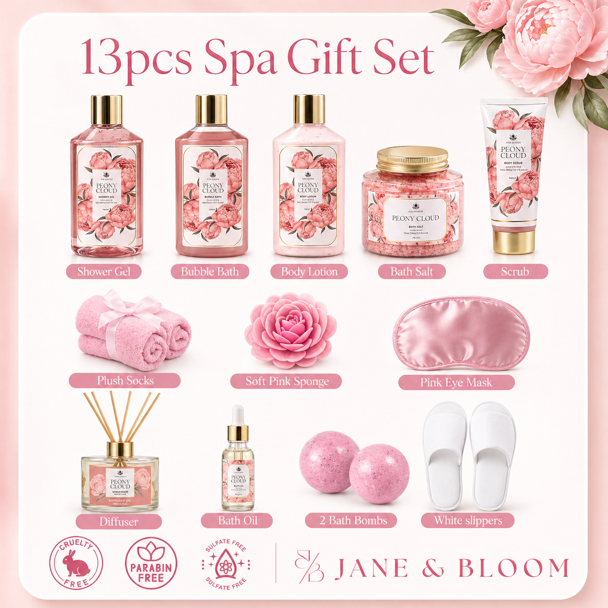 Coffret cadeau spa Nuage de pivoine pour femme – 13 pièces