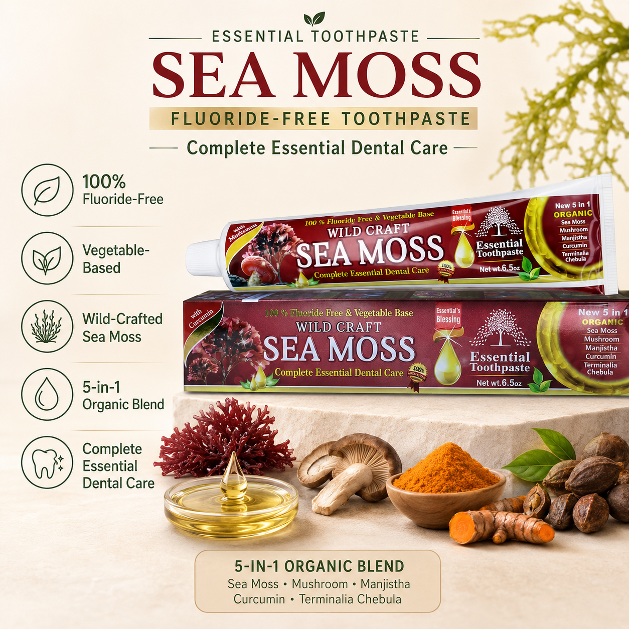 ESSENTIAL TOOTHPASTE Sea Moss Toothpaste, Fluoride-Free (6.5 oz)