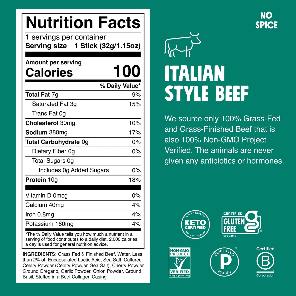 Chomps Italian Style Beef Stick — 1.15 oz — manufacturer nutrition facts and ingredients