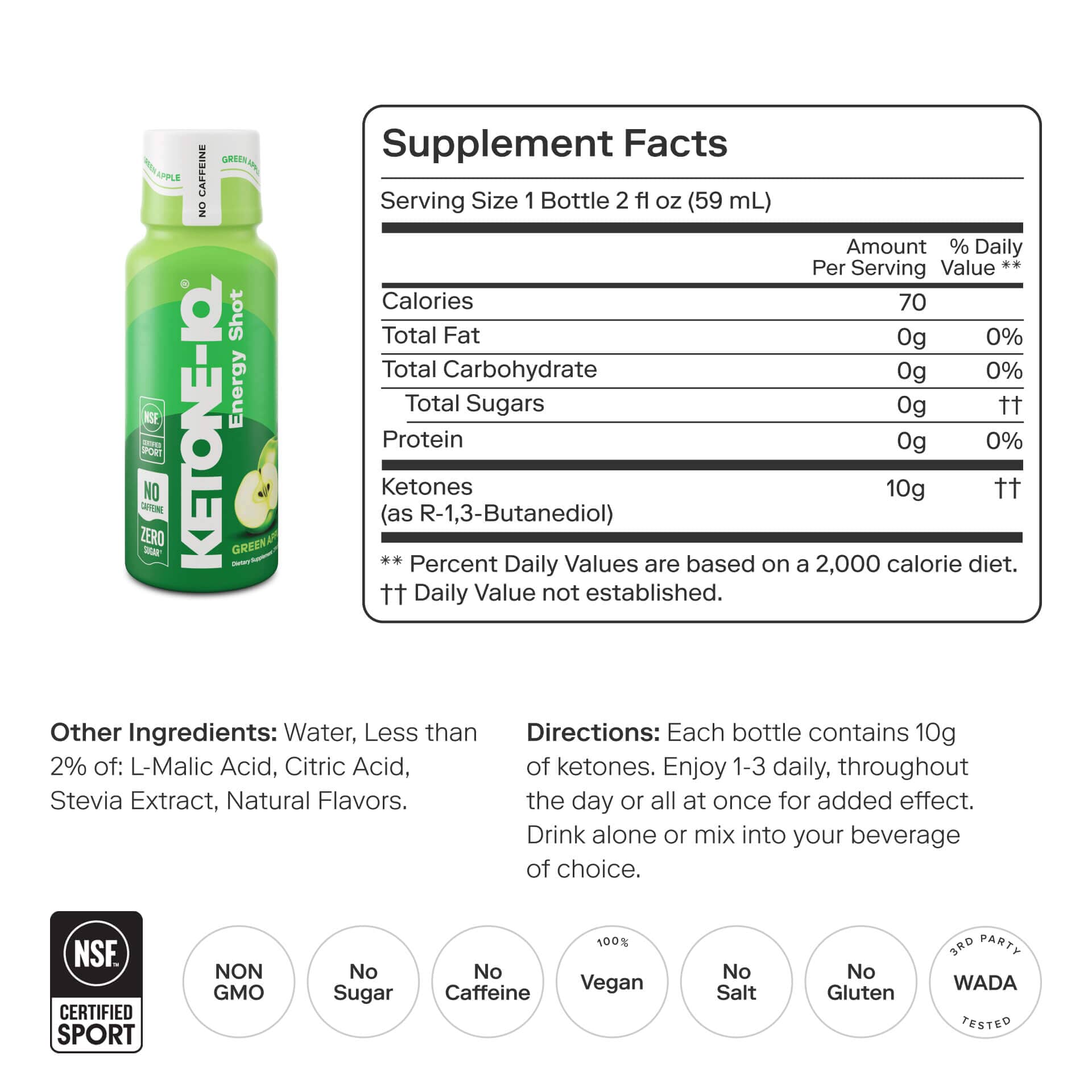 Ketone-IQ Caffeine-Free Shot, Green Apple 6 Bottles, 2 fl oz (59 ml) Each