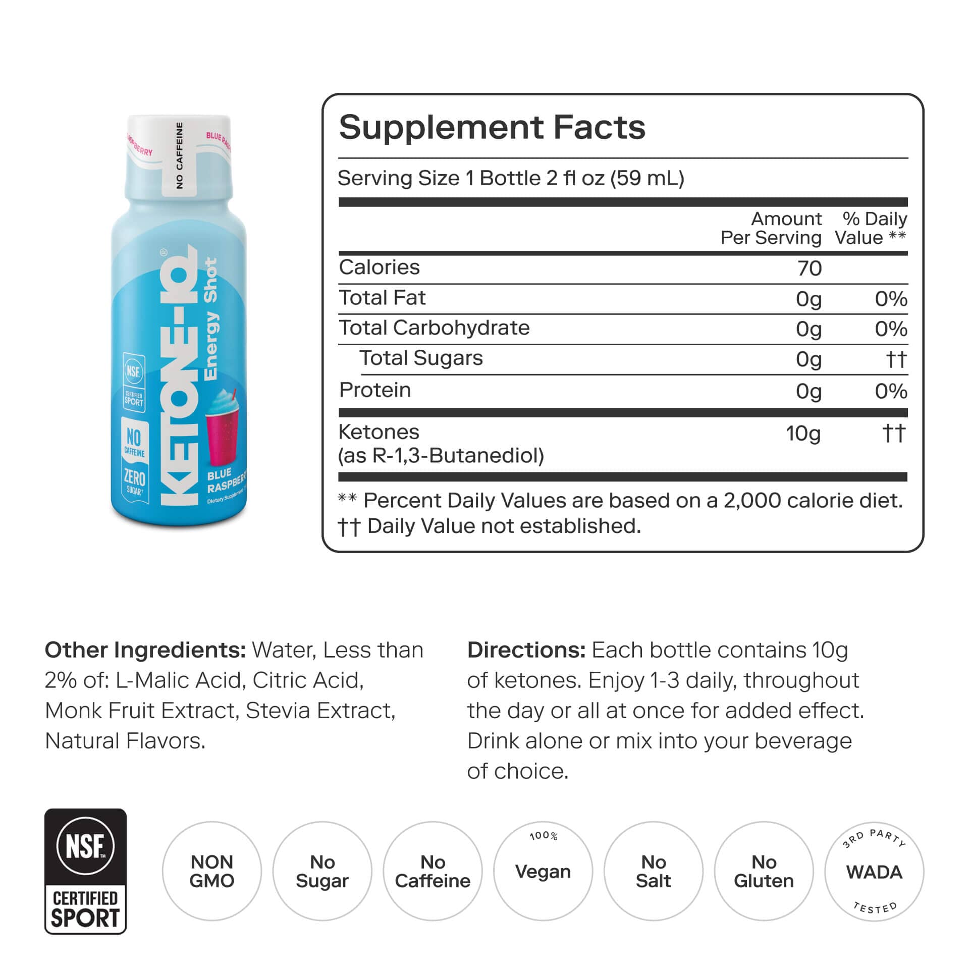 Ketone-IQ Caffeine-Free Shot, Blue Raspberry, 6 Bottles, 2 fl oz (59 ml) Each