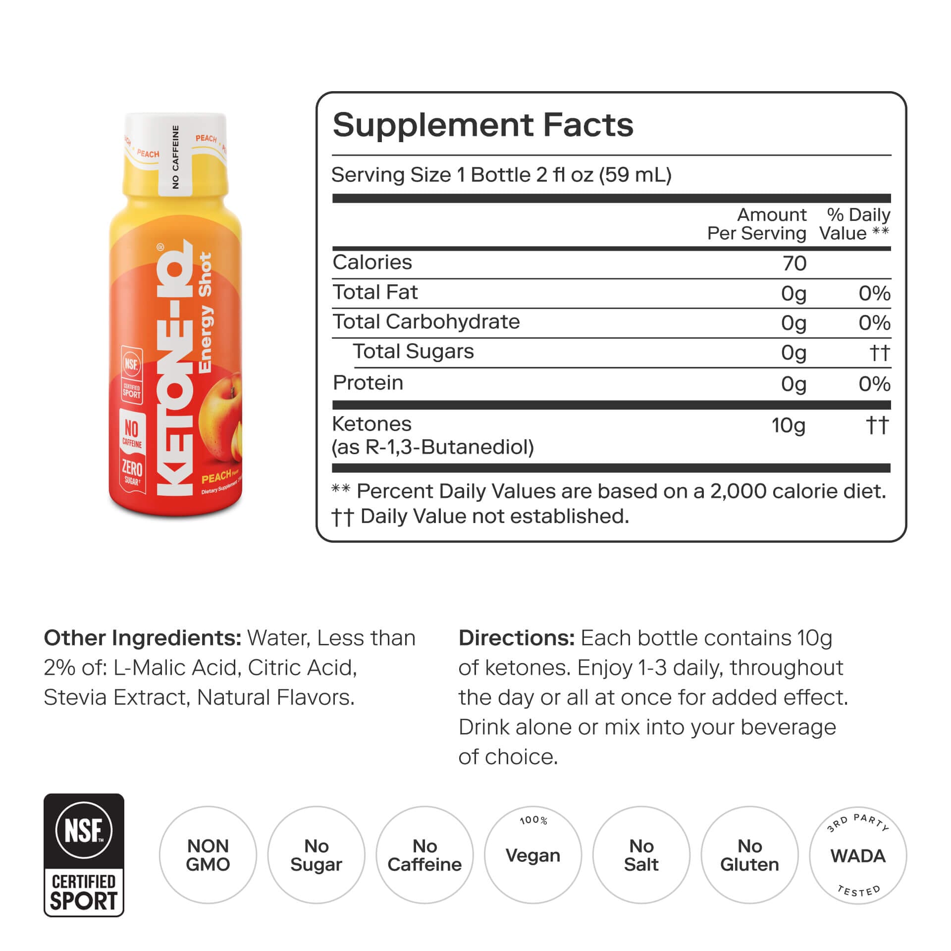 Ketone-IQ Caffeine-Free Shot, Peach, 6 Bottles, 2 fl oz (59 ml) Each