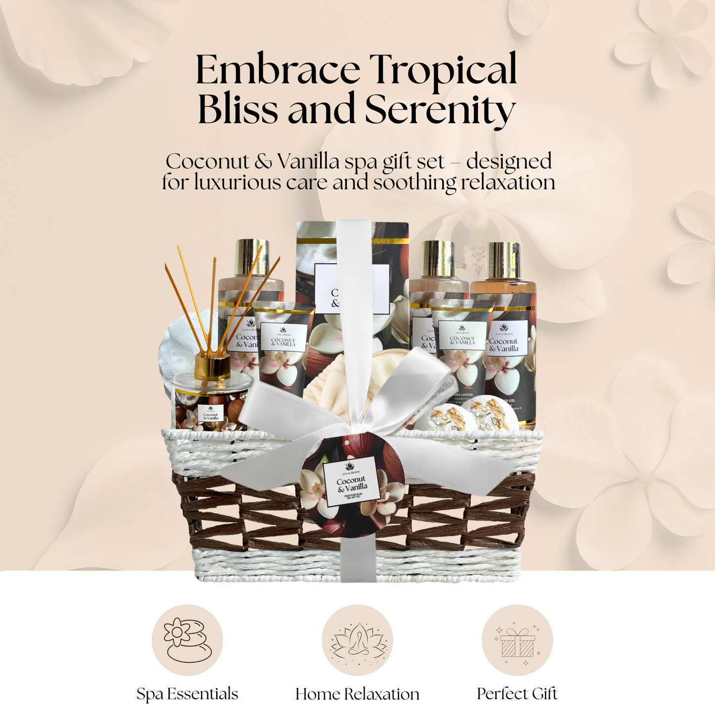 Coconut & Vanilla Basket – Luxurious Bath & Body Gift Basket