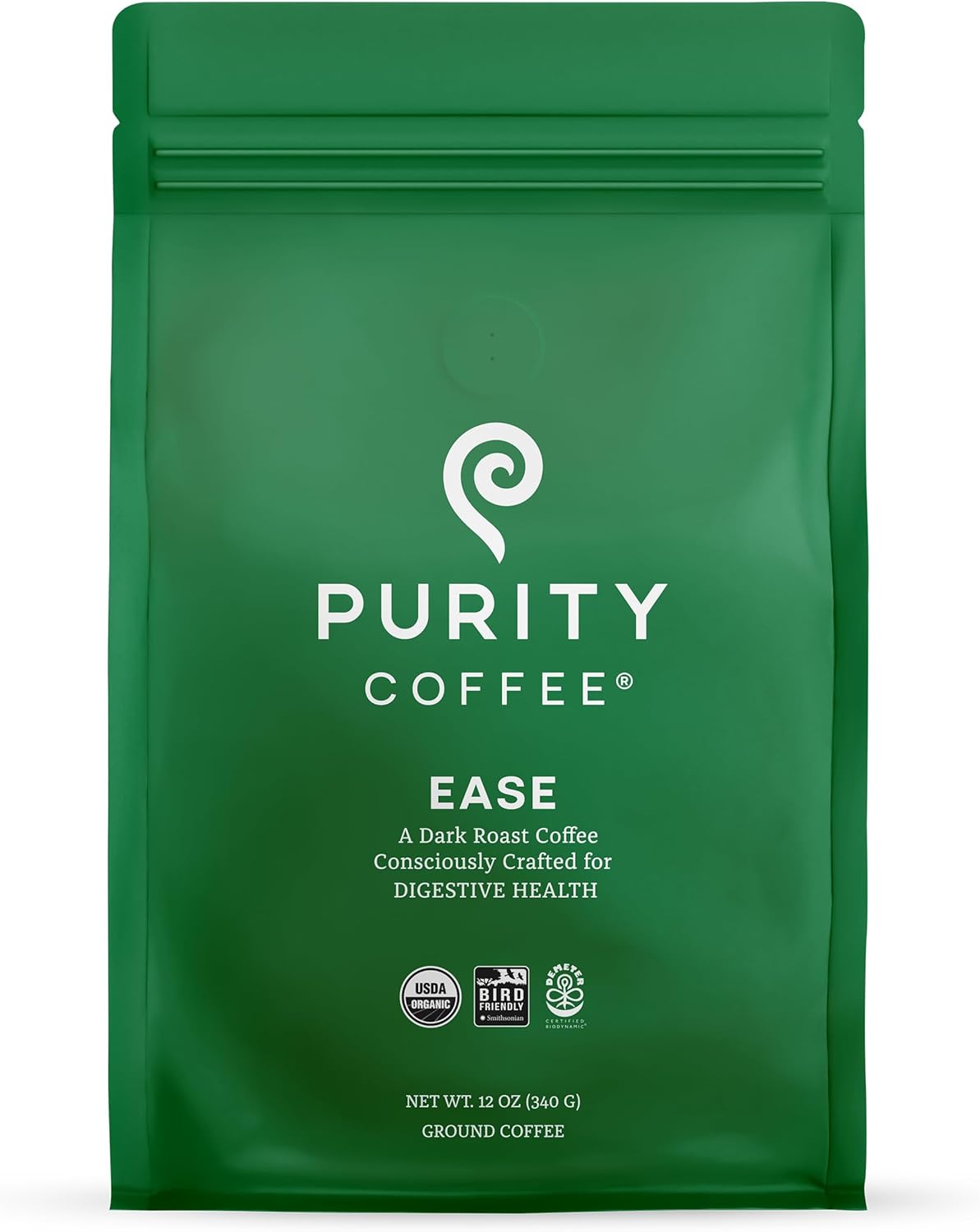 PURITY COFFEE EASE Low Acid Dark Roast Ground (340g Bag) | Specialty-Grade USDA Organic Arabica Blend | Third Party Tested for Mold, Mycotoxins & Pesticides