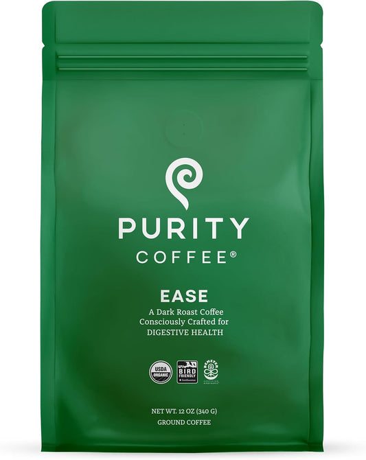 PURITY COFFEE EASE Low Acid Dark Roast Ground (340g Bag) | Specialty-Grade USDA Organic Arabica Blend | Third Party Tested for Mold, Mycotoxins & Pesticides