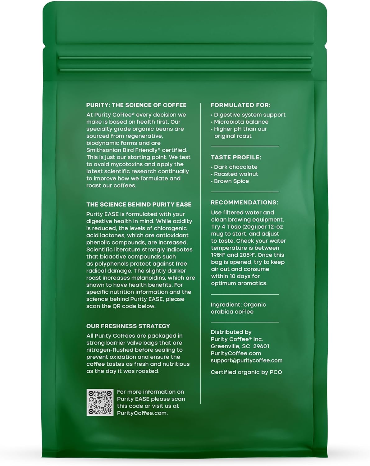 PURITY COFFEE EASE Low Acid Dark Roast Ground (340g Bag) | Specialty-Grade USDA Organic Arabica Blend | Third Party Tested for Mold, Mycotoxins & Pesticides