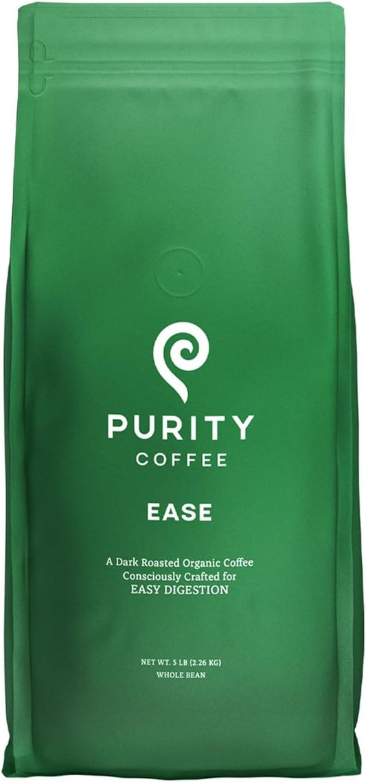 PURITY COFFEE EASE Low Acid Dark Roast Whole Bean (2268g Bag) | Specialty-Grade USDA Organic Arabica Blend | Third Party Tested for Mold, Mycotoxins & Pesticides