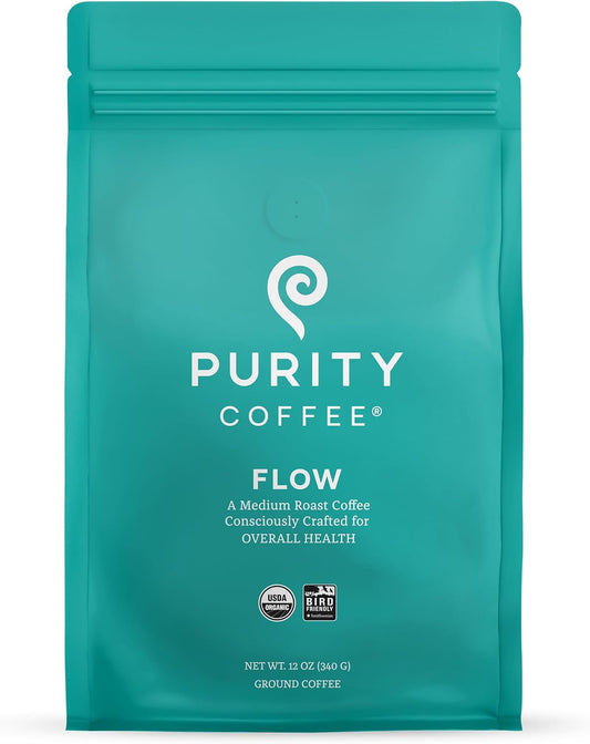 PURITY COFFEE FLOW Original Medium Roast Ground (340g Bag) | Specialty-Grade USDA Organic Arabica Blend | Third Party Tested for Mold, Mycotoxins & Pesticides
