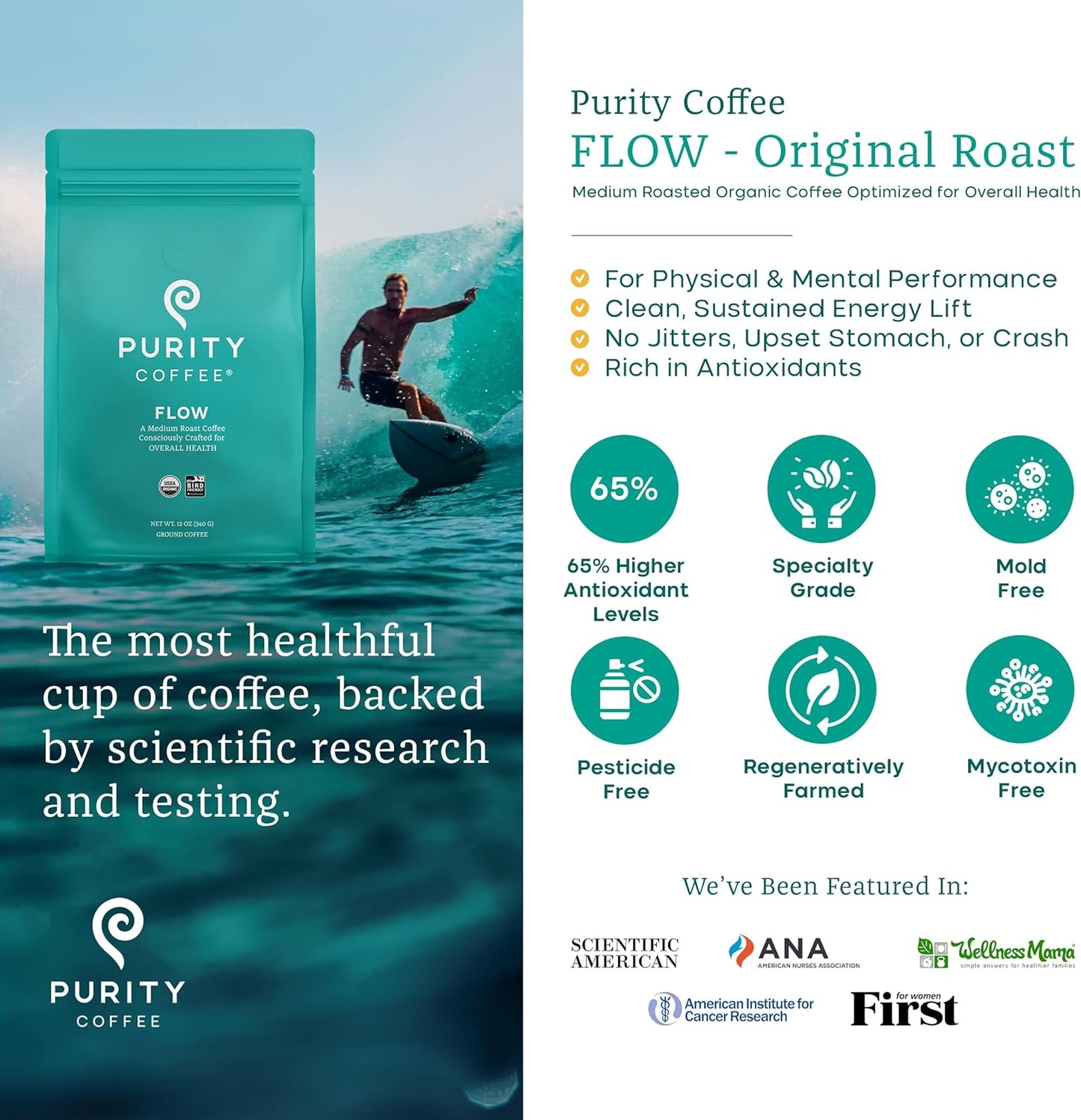 PURITY COFFEE FLOW Original Medium Roast Ground (340g Bag) | Specialty-Grade USDA Organic Arabica Blend | Third Party Tested for Mold, Mycotoxins & Pesticides