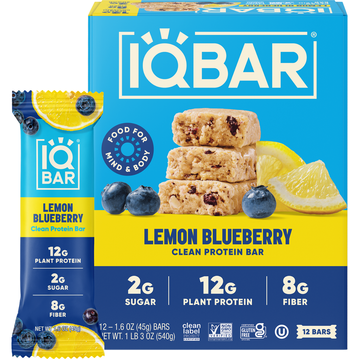 IQBAR Lemon Blueberry Keto Protein Bars – 12 Pack, 1.6 oz Each — official 12-bar box