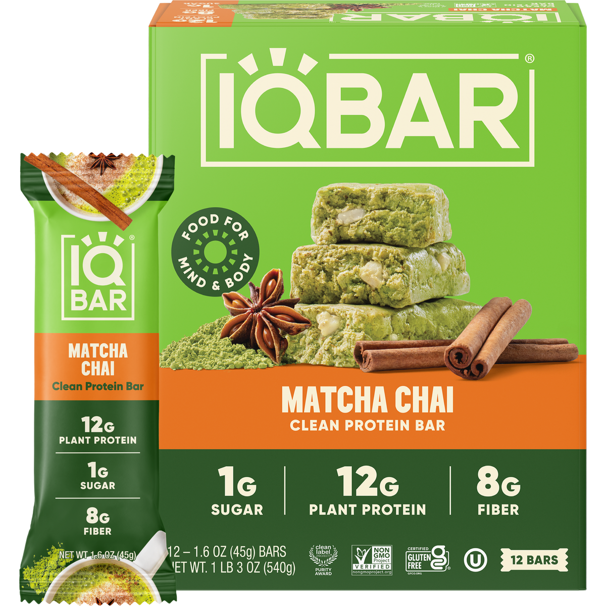 IQBAR Matcha Chai Keto Protein Bars – 12 Pack, 1.6 oz Each — official 12-bar box