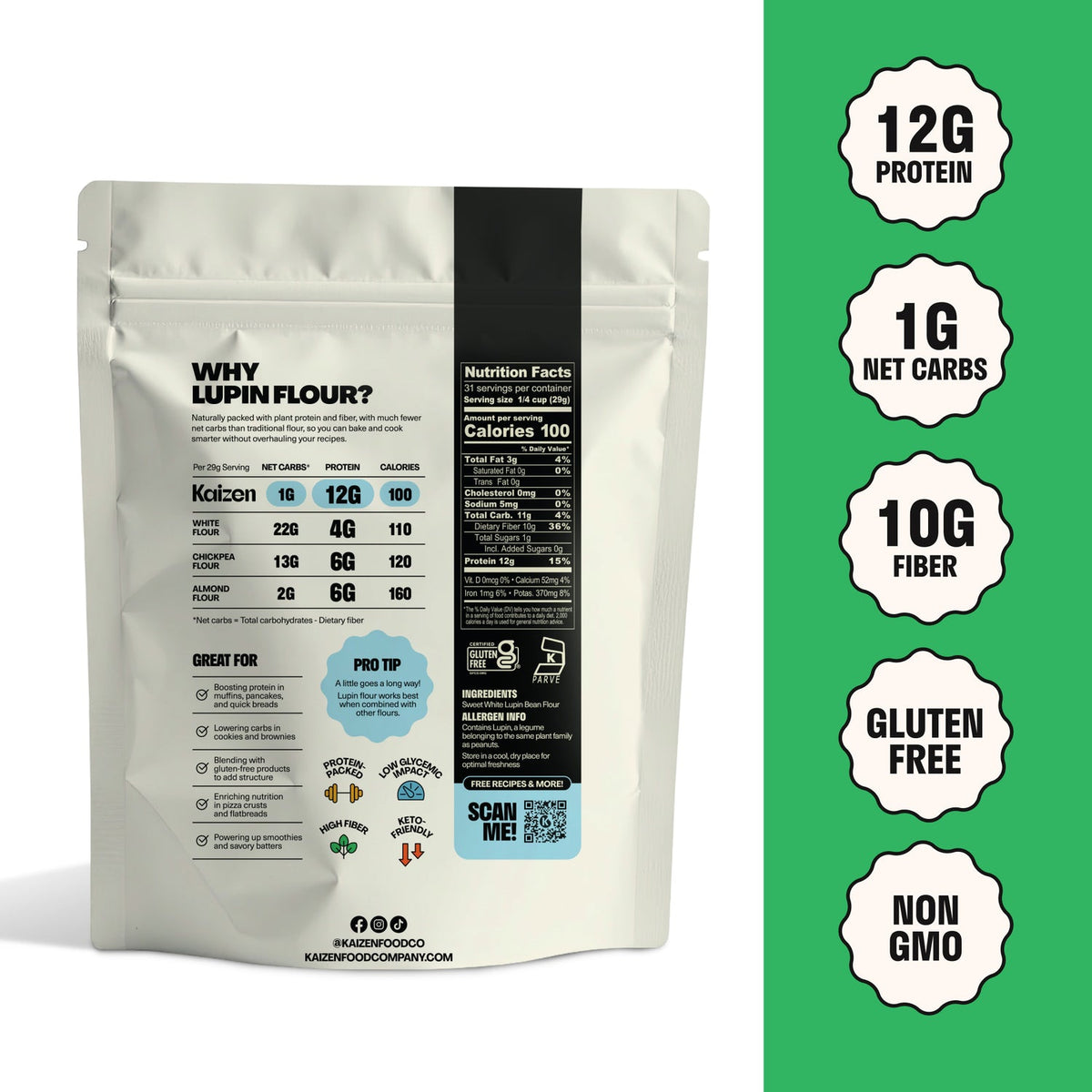 Farine de Lupin Kaizen – Riche en protéines, Faible en glucides, Compatible régime céto, Farine de lupin moulue sans gluten – Sans OGM, Végétalien, Faible en calories, Riche en fibres (907 g)