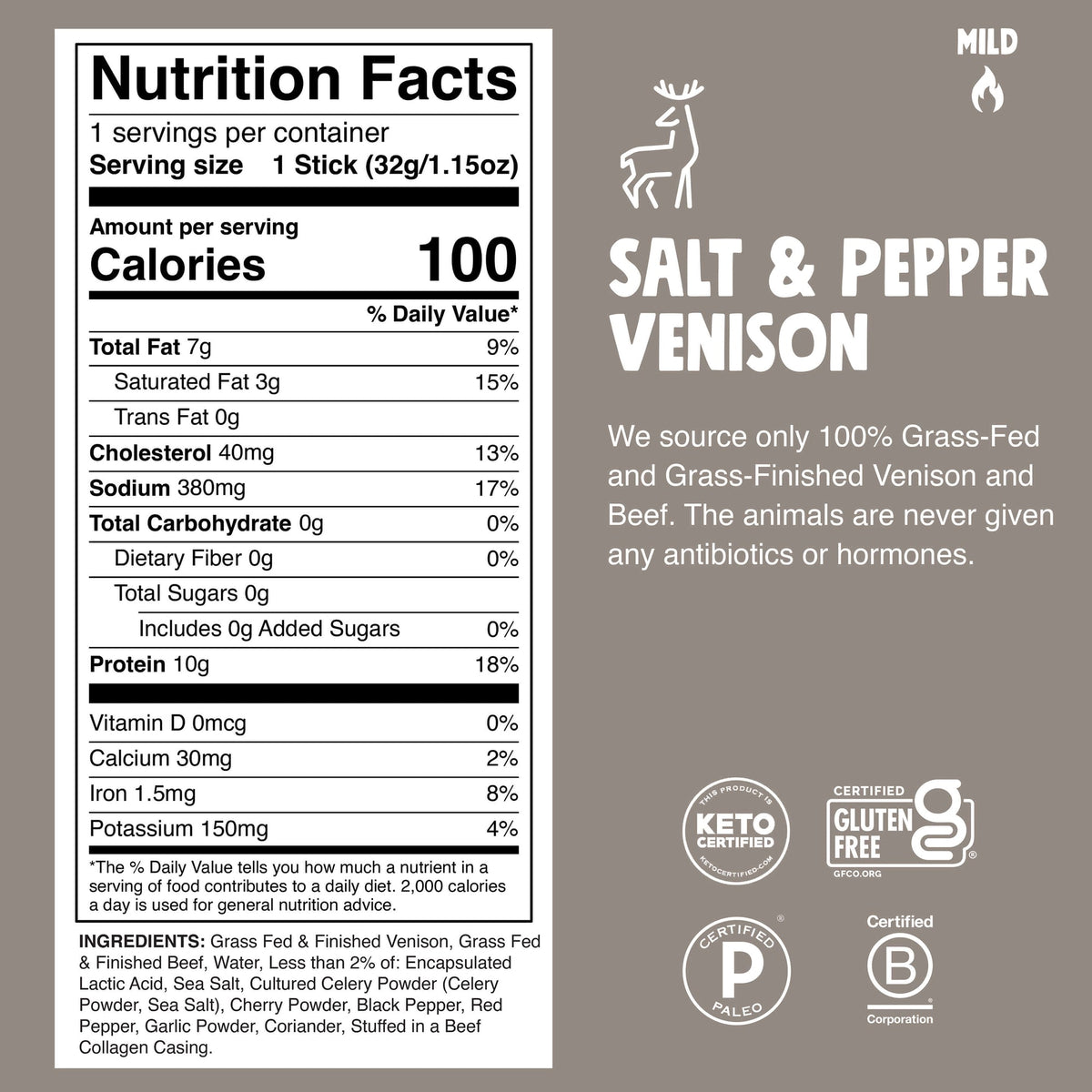 Chomps Salt & Pepper Venison Stick — 1.15 oz — manufacturer nutrition facts and ingredients