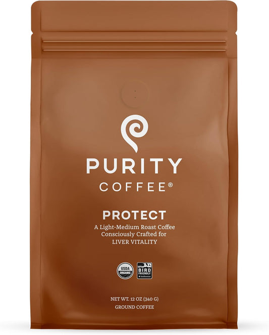 PURITY COFFEE PROTECT High Antioxidant Light-Medium Roast Ground (340g Bag) | Specialty-Grade USDA Organic Arabica Blend | Third Party Tested for Mold, Mycotoxins & Pesticides