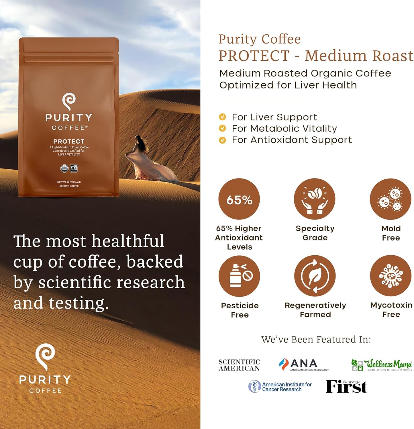 PURITY COFFEE PROTECT High Antioxidant Light-Medium Roast Ground (340g Bag) | Specialty-Grade USDA Organic Arabica Blend | Third Party Tested for Mold, Mycotoxins & Pesticides