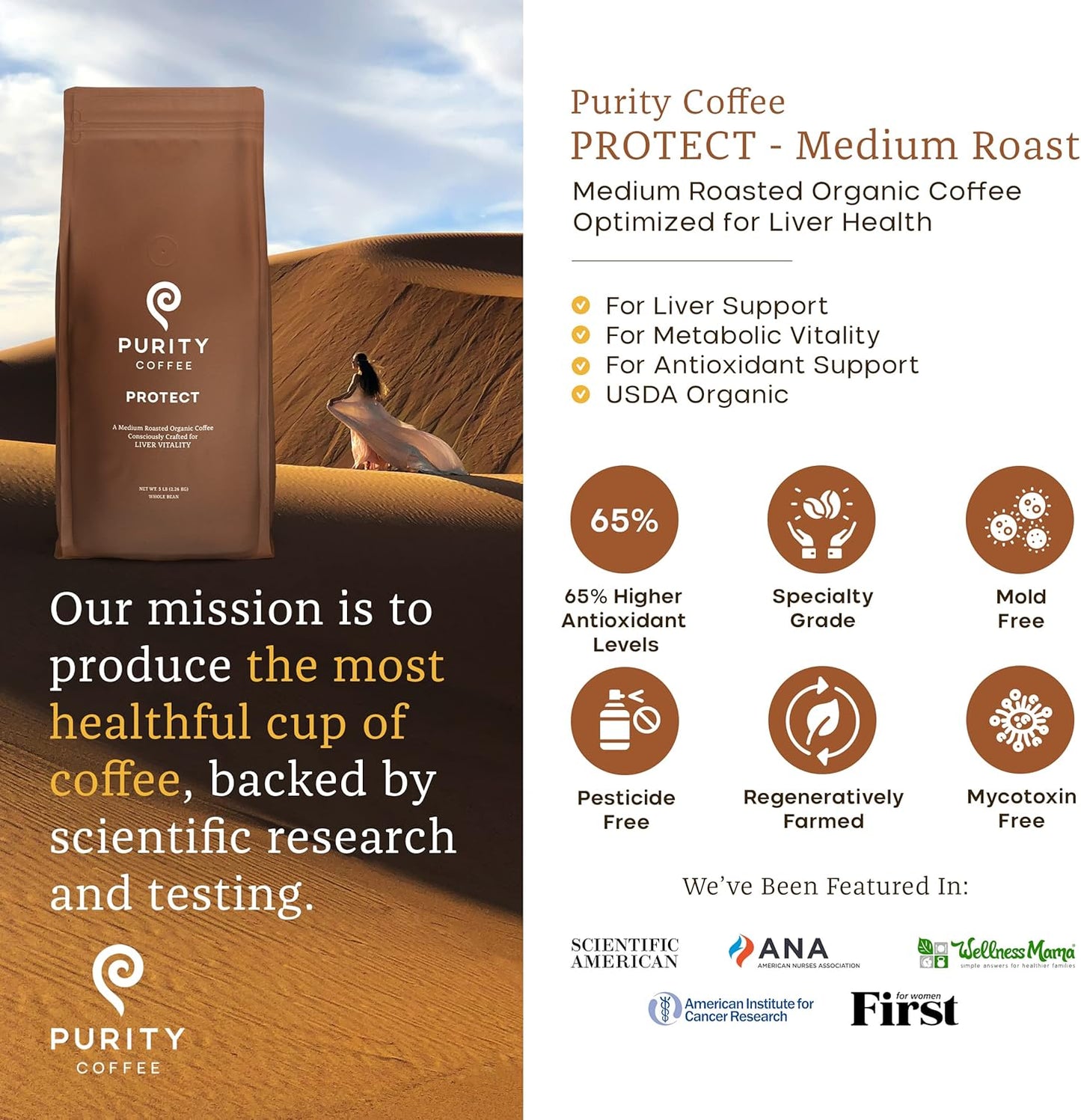 PURITY COFFEE PROTECT High Antioxidant Light-Medium Roast Whole Bean (2268g Bag) | Specialty-Grade USDA Organic Arabica Blend | Third Party Tested for Mold, Mycotoxins & Pesticides