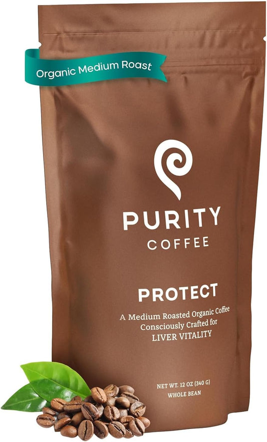 PURITY COFFEE PROTECT High Antioxidant Light-Medium Roast Whole Bean (340g Bag) | Specialty-Grade USDA Organic Arabica Blend | Third Party Tested for Mold, Mycotoxins & Pesticides