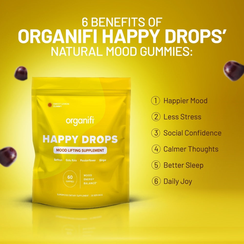 Organifi Happy Drops – Mood & Serotonin Support, Sweet Lemon – 60 Gummies