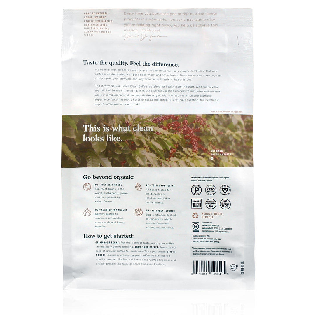 Natural Force Clean Coffee Organic Whole Bean Medium Roast 12 oz — back
