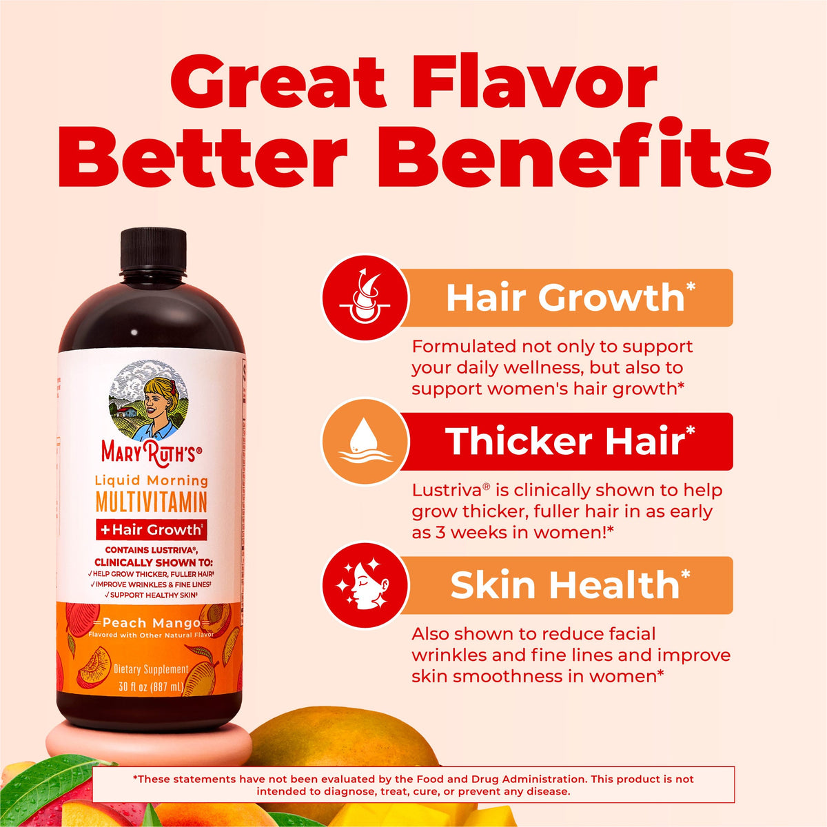 MaryRuth’s Liquid Morning Multivitamin + Hair Growth — Peach Mango, 30 fl oz — product information