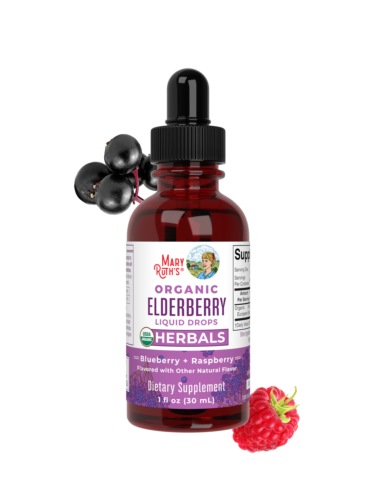 MaryRuth’s Organic Elderberry Liquid Drops — Raspberry Blueberry, 1 fl oz — packaging