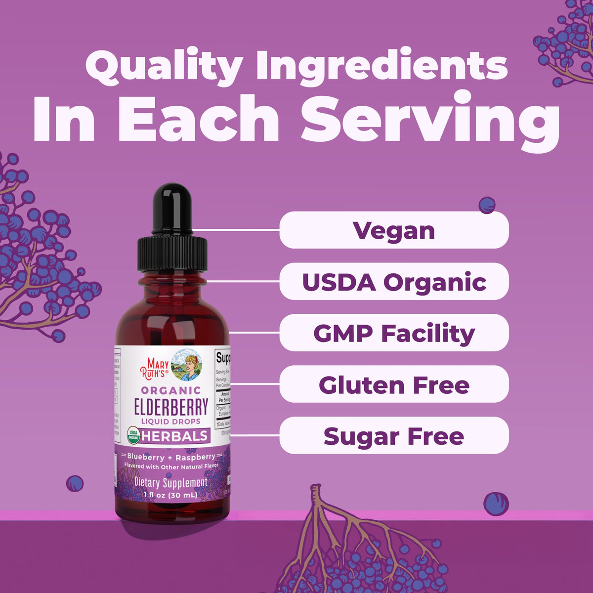 MaryRuth’s Organic Elderberry Liquid Drops — Raspberry Blueberry, 1 fl oz — ingredients